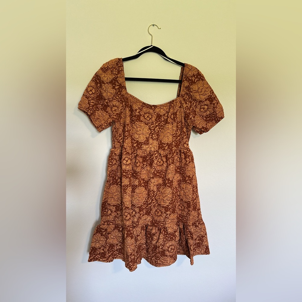 Umgee Brown Square Neck Puff Sleeve Mini Dress